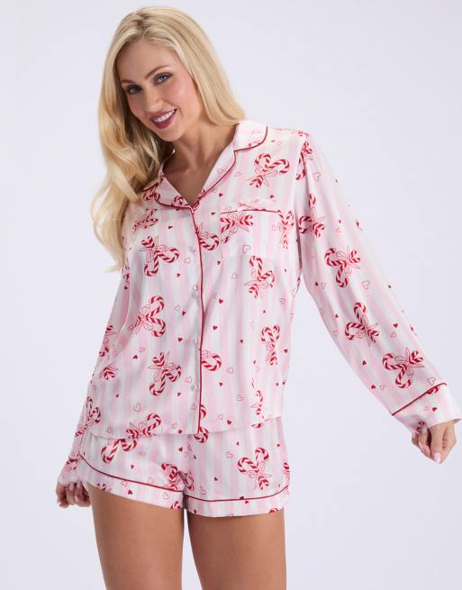 Boux Avenue Candy cane satin short pyjama set top and shorts nightwear in pink mix, 4 of 5