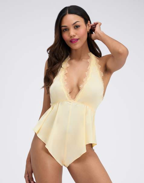 Boux Avenue Carly halter satin teddy deep plunge neckline sexy lingerie in buttermilk - view 1