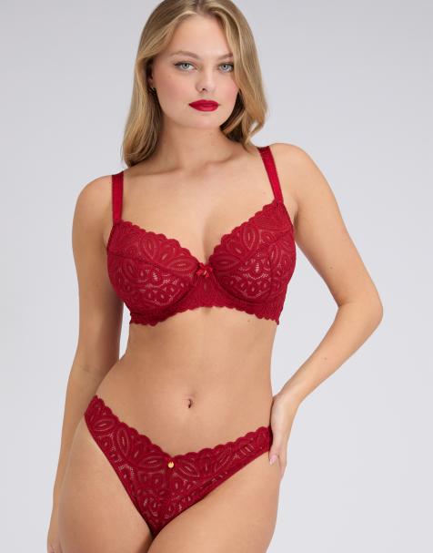 Boux Avenue Carmel floral sheer lace thong satin bow detailing lingerie in red