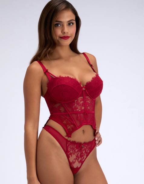 Boux Avenue Carmine lace basque underwired padded sexy lingerie in pillar box - view 1