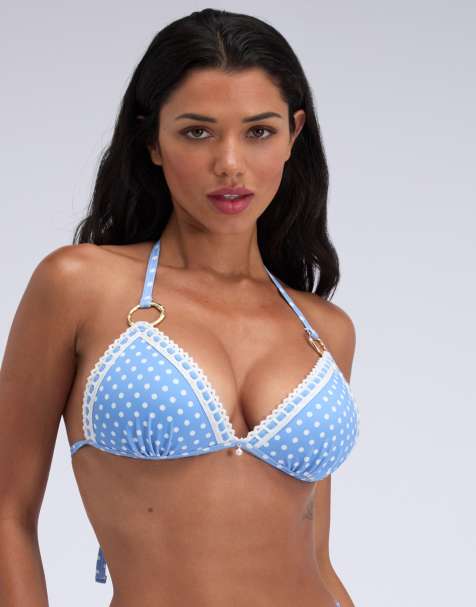 Boux Avenue Casablanca push up triangle bikini top with gold hardware in blue mix - view 1