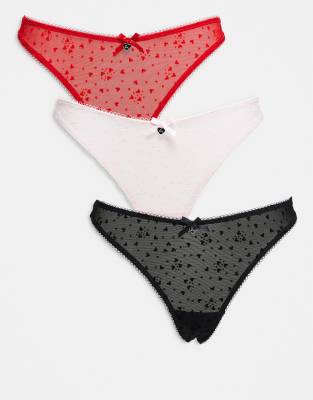 Boux Avenue Catie 3 Pack Heart Flock High Leg Thong In Multi