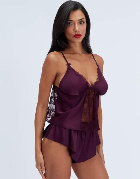 Boux Avenue Celeste lace & satin cami set top and shorts nightwear pj in plum - view 1