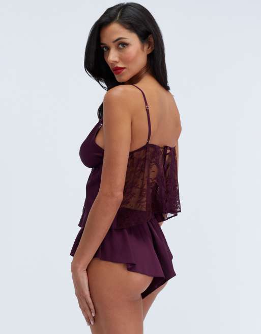 Boux Avenue Celeste lace & satin cami set top and shorts nightwear pj in plum, 2 of 7