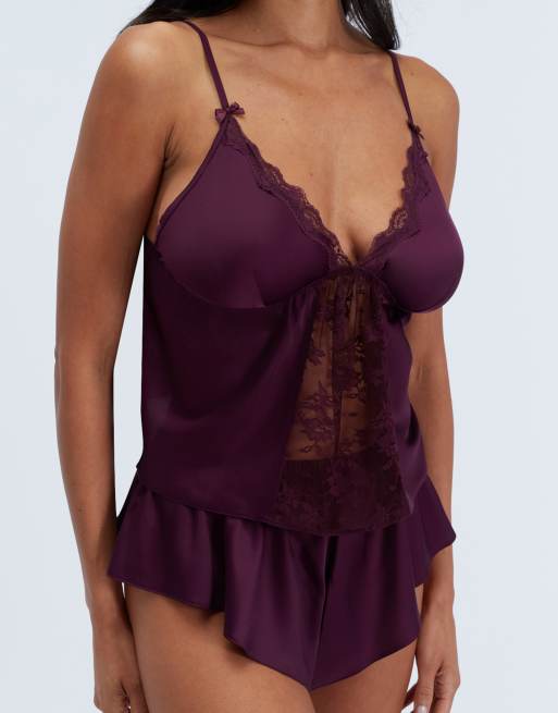 Boux Avenue Celeste lace & satin cami set top and shorts nightwear pj in plum, 4 of 7