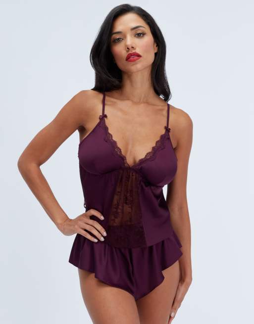 Boux Avenue Celeste lace & satin cami set top and shorts nightwear pj in plum, 6 of 7