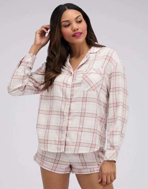 Boux Avenue Checked woven short pyjama set with revere long sleeve top in neutral mix - view 1