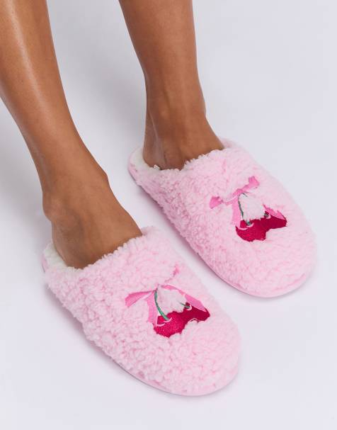 Boux Avenue Cherry and bow embroidered mule slippers soft sliders in candy pink - view 1