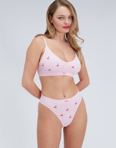 Boux Avenue Cherry embroidered seamless thongs high leg knickers in pink mix - view 1