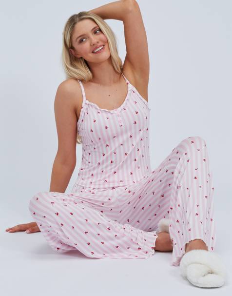 Boux Avenue Cherry stripe modal pyjama set top and wide leg trousers in pink mix - view 1