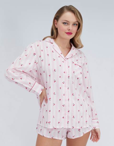 Boux Avenue Cherry stripe short pyjamas cotton shirt and boxer shorts in pink mix - view 1