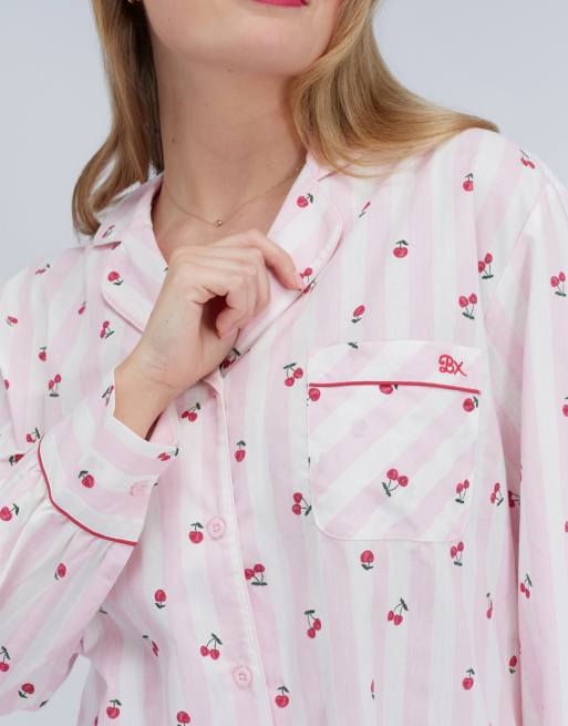 Boux Avenue Cherry stripe short pyjamas cotton shirt and boxer shorts in pink mix, 3 of 4