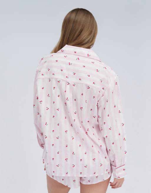 Boux Avenue Cherry stripe short pyjamas cotton shirt and boxer shorts in pink mix, 4 of 4