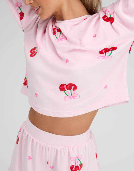 Boux Avenue Cherry velour pyjama set shorts and long sleeve top in pink mix, 3 of 4