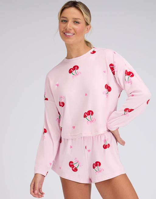 Boux Avenue Cherry velour pyjama set shorts and long sleeve top in pink mix, 4 of 4