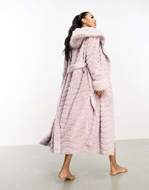 Fluffy chevron midi dressing gown, Silver