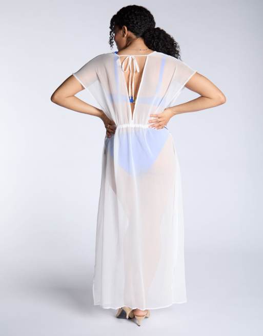 Boux Avenue Chiffon plunging neckline semi sheer maxi kaftan dress in white, 2 of 4