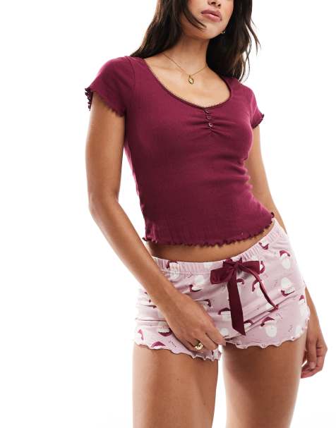 Boux Avenue Christmas ribbed short sleeve and short set in santa print - view 1