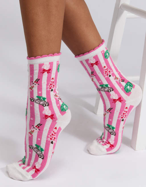 Boux Avenue Christmas scene ankle sock gift box festive hosiery in pink mix