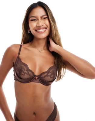Boux Avenue Claudia balconette bra with lace detail in brown - view 1