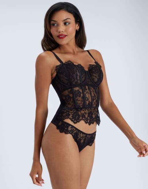 Boux Avenue Clemencie lace balconette basque floral underwired lingerie in black, 4 of 7
