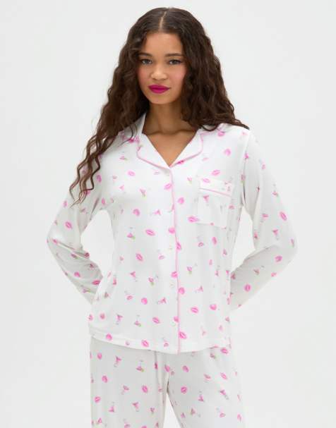 Boux Avenue Cocktail modal long pyjama set with wide leg trousers in ivory mix - view 1