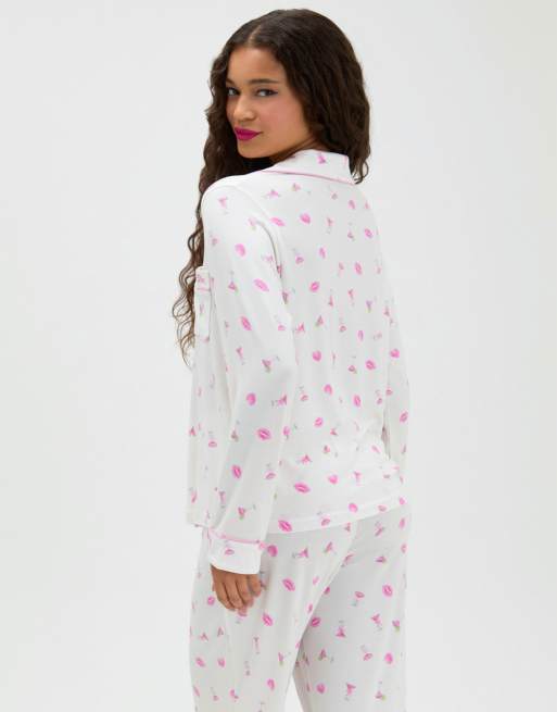Boux Avenue Cocktail modal long pyjama set with wide leg trousers in ivory mix, 2 of 4