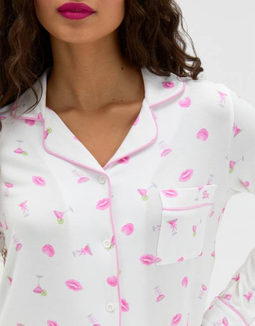 Boux Avenue Cocktail modal long pyjama set with wide leg trousers in ivory mix, 3 of 4