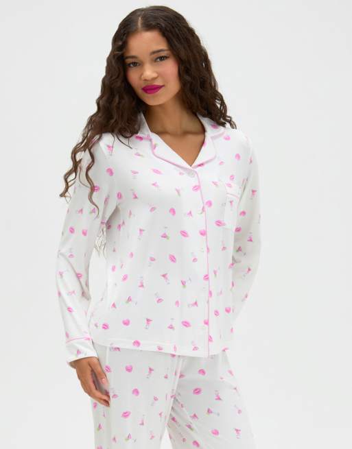 Boux Avenue Cocktail modal long pyjama set with wide leg trousers in ivory mix, 4 of 4