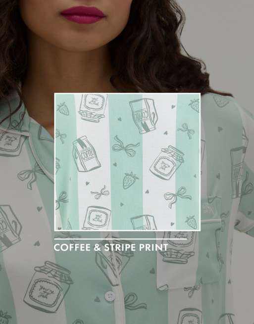 Boux Avenue Coffee striped modal short pyjama set with revere top in khaki mix, 2 of 4