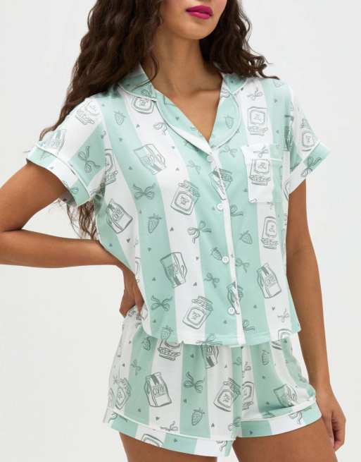 Boux Avenue Coffee striped modal short pyjama set with revere top in khaki mix, 3 of 4