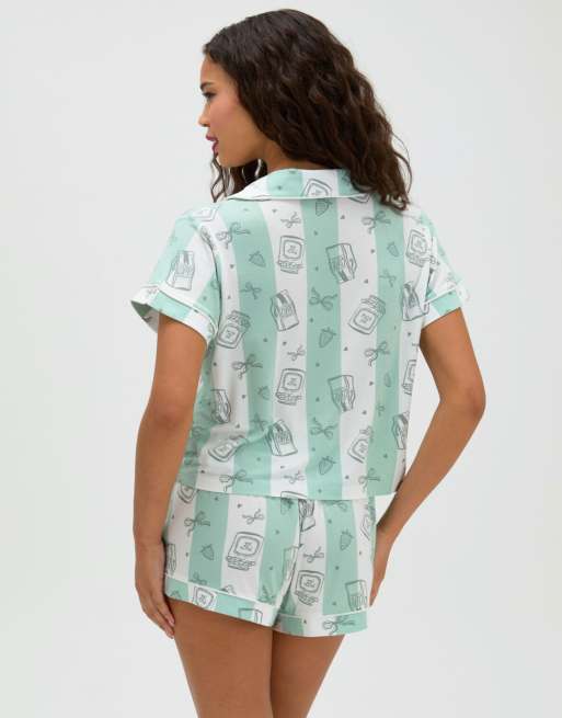 Boux Avenue Coffee striped modal short pyjama set with revere top in khaki mix, 4 of 4