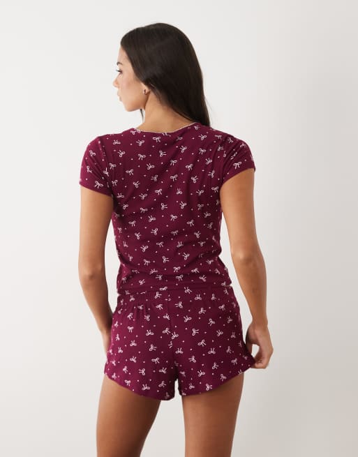 Boux Avenue completo corto e T-shirt a coste con stampa fiocco bordeaux, 4 di 4