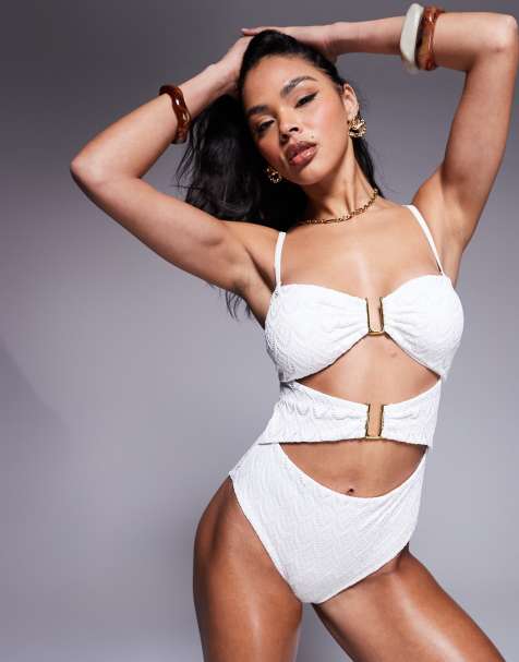 Boux Avenue - Costume da bagno bianco in pizzo sangallo con cut-out e ferretto a U - view 1