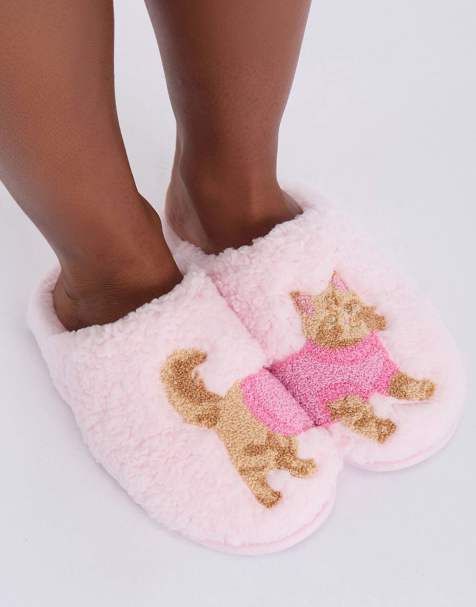 Boux Avenue Cosy soft cat teddy fleece borg mule slippers in pink mix - view 1