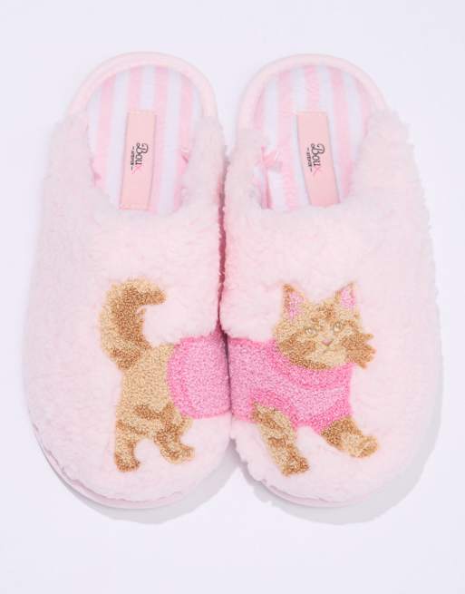 Boux Avenue Cosy soft cat teddy fleece borg mule slippers in pink mix, 4 of 5