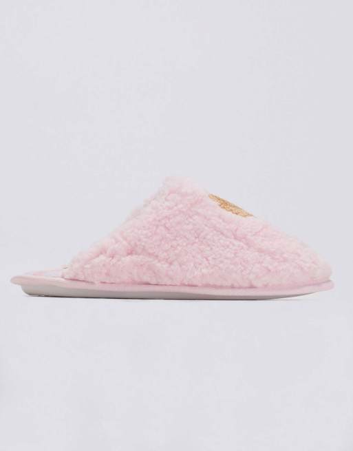 Boux Avenue Cosy soft cat teddy fleece borg mule slippers in pink mix, 5 of 5