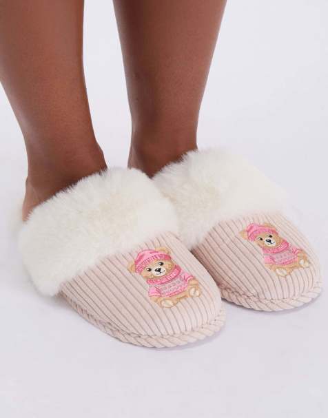 Boux Avenue Cosy soft teddy embroidered fluffy mule slippers in ivory mix - view 1