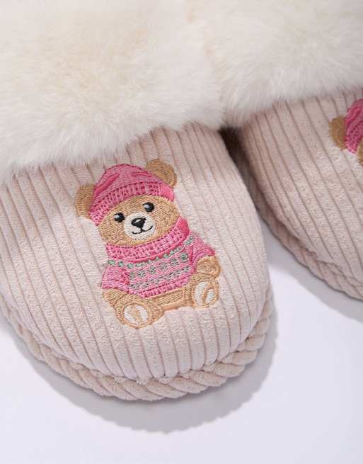 Boux Avenue Cosy soft teddy embroidered fluffy mule slippers in ivory mix, 2 of 7