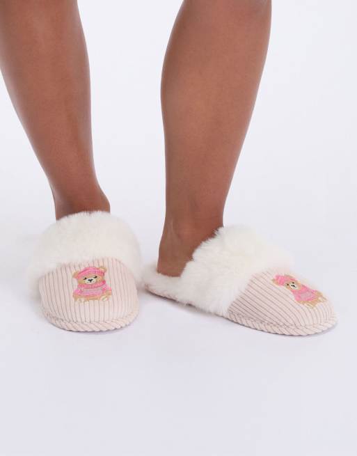 Boux Avenue Cosy soft teddy embroidered fluffy mule slippers in ivory mix, 3 of 7