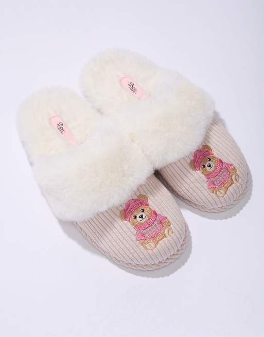 Boux Avenue Cosy soft teddy embroidered fluffy mule slippers in ivory mix, 5 of 7