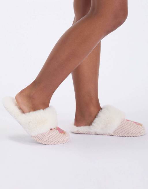 Boux Avenue Cosy soft teddy embroidered fluffy mule slippers in ivory mix, 6 of 7