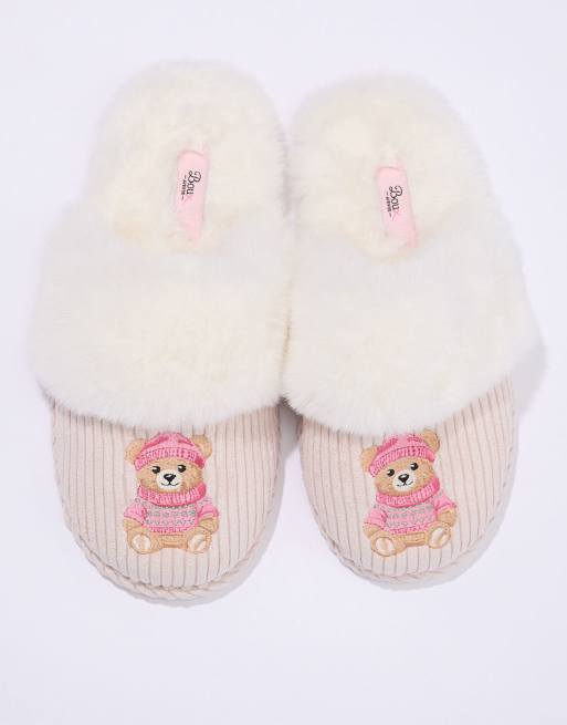 Boux Avenue Cosy soft teddy embroidered fluffy mule slippers in ivory mix, 7 of 7