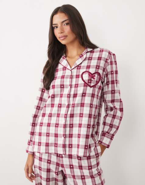 Boux Avenue cotton heart check print revere pyjama set in red and cream - view 1