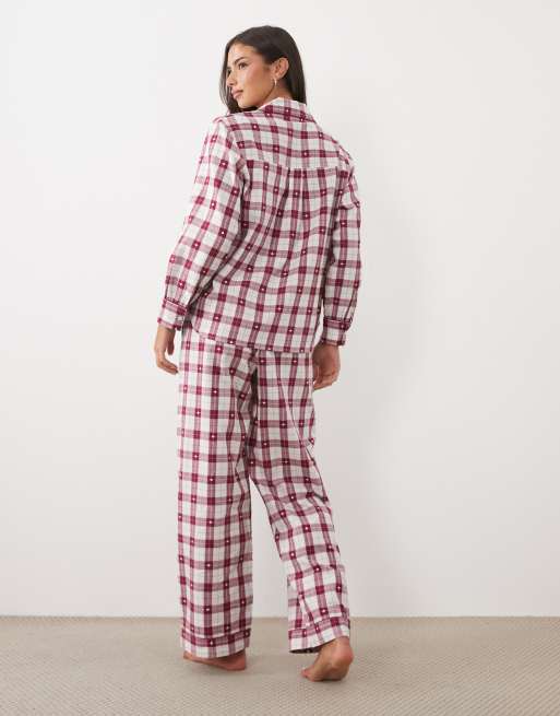 Boux Avenue cotton heart check print revere pyjama set in red and cream, 4 of 4