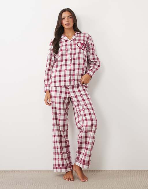 Boux Avenue cotton revere long sleeve pyjama set in pink heart red check print, 2 of 4