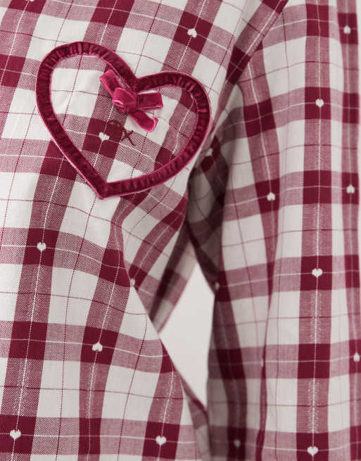 Boux Avenue cotton revere long sleeve pyjama set in pink heart red check print, 3 of 4