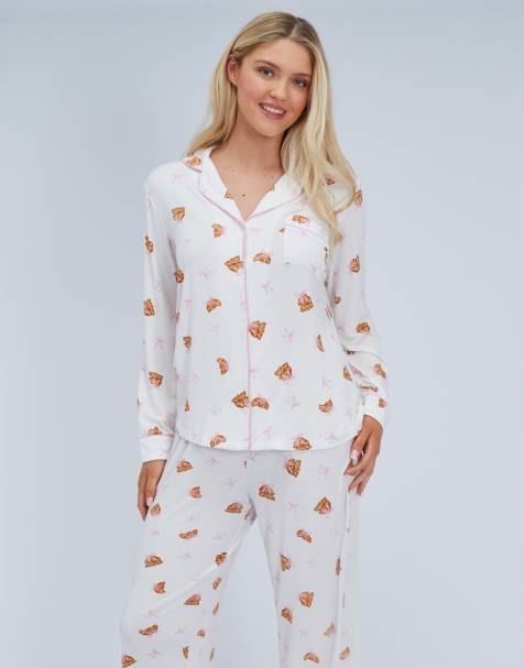 Boux Avenue Croissant modal pyjama set relaxed top and wide leg trousers in ivory mix - view 1