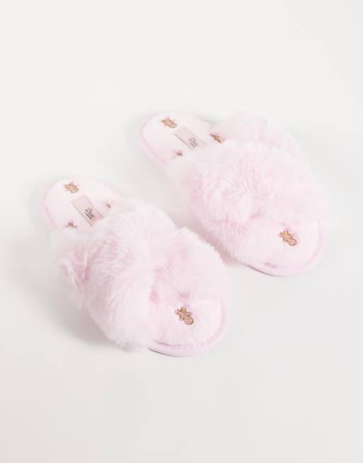 Boux Avenue cross band fluffy embroidered gingerbread slippers in pink, 2 of 4