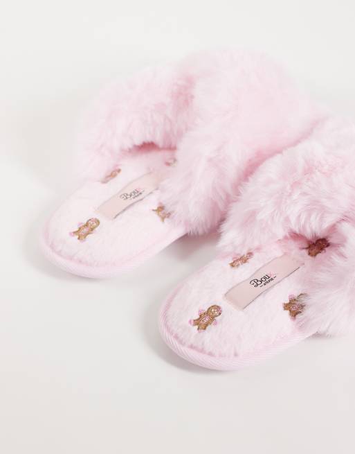 Boux Avenue cross band fluffy embroidered gingerbread slippers in pink, 4 of 4